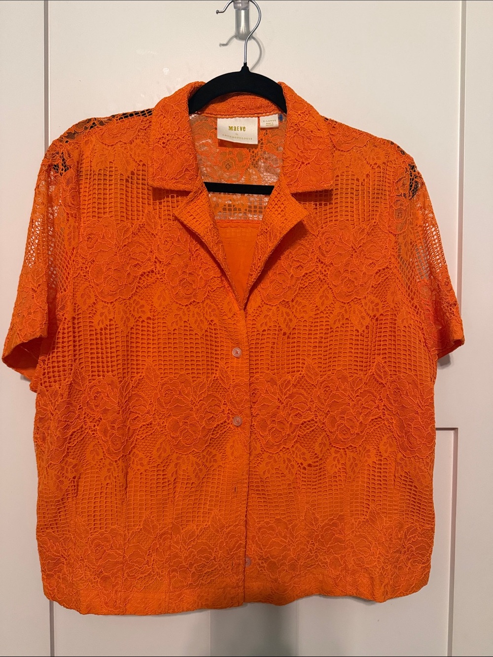 Maeve for Anthropologie Orange Floral Lace Short-Sleeve Button-Down Shirt